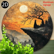 Vintage Gothic Witch on Cliff Metal Wall Art Moonlit Landscape Halloween