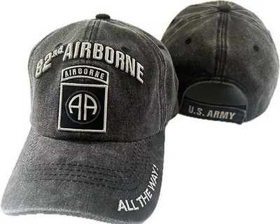 ARMY AIRBORNE 82ND WASHED STYLE RELAXED FIT EMBROIDERED BLACK GRAY HAT CAP