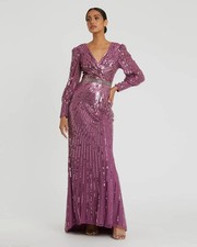 Mac Duggal Raspberry Purple Sequin Beaded Long Sleeve Sheath Gown Size 14 598