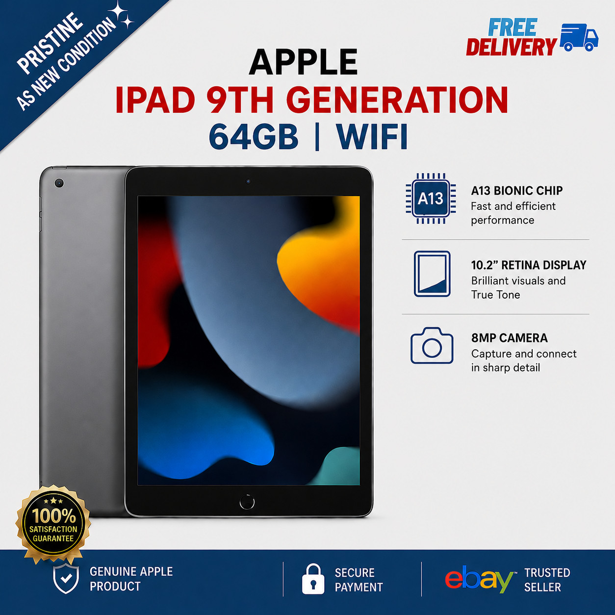 Apple iPad 9th Gen. 64GB WIFI 10.2'' - GREY - PRISTINE A+ ORIGINAL BOX