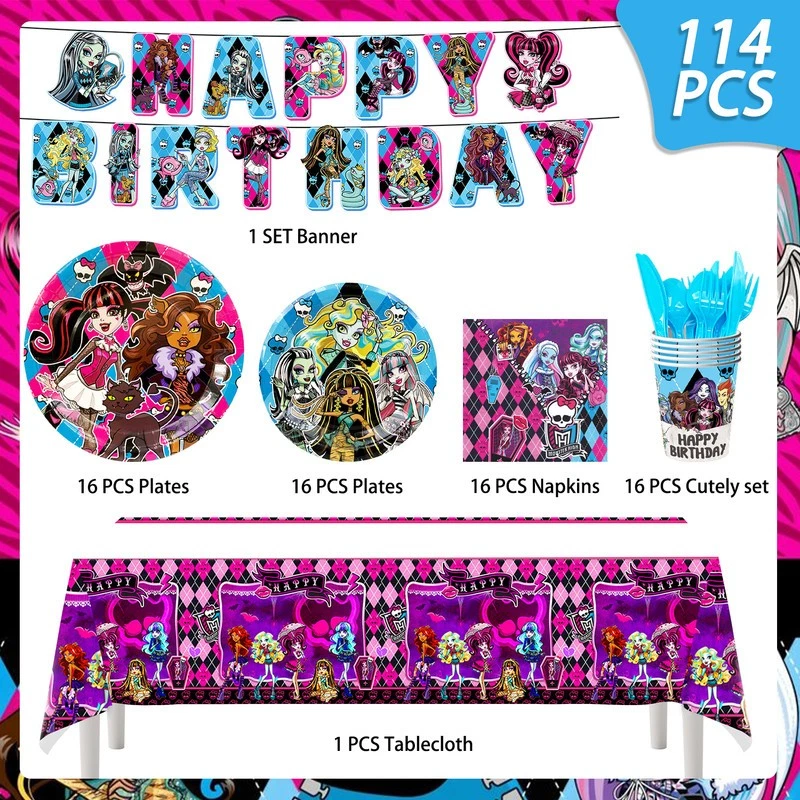 Monster High Birthday Party Tableware114Pcs Monster High Party Plates Tablecloth - Image 2 of 4