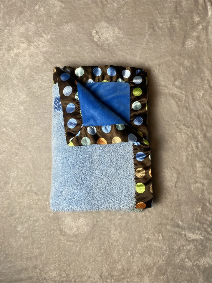 Manta Reversible Baby Boom Azul Sherpa Marrón Satinado Lunares Círculo Borde Satinado Foto 2 de 4