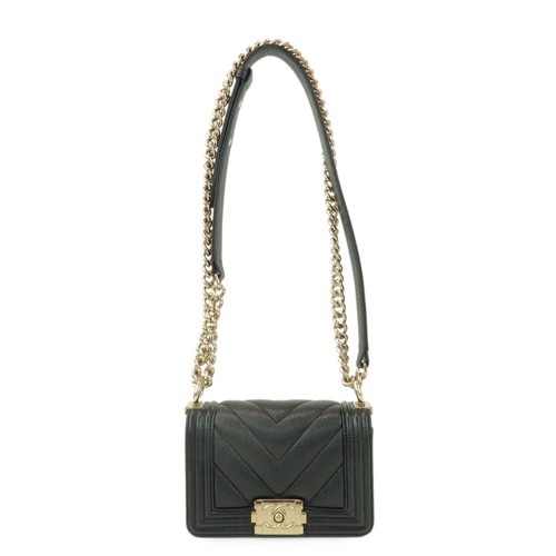 CHANEL Boy Chanel Mini V Stitch Caviarskin Chain Shoulder Bag Authentic Used F/S