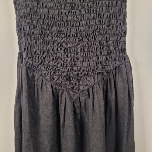 Sleeper 100% Linen Dress Black Medium Shirred Midi Puff Sleeve Hair Tie Preloved - Picture 4 of 11
