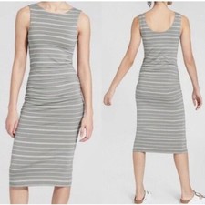 NWT Athleta Comeback Tank Midi Dress Ruched Gray White Stripe Pima Cotton Small