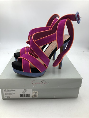 #ad Jessica Simpson Evangela Color Block Purple Orange Heels US SZ 7.5 $20.07
