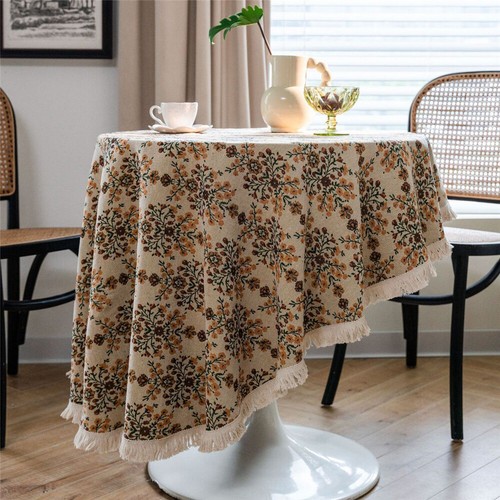 Round Tablecloth Vintage Print Tassel Tea Table Cloth Cover Dining Kitchen Decor - Picture 35 of 58