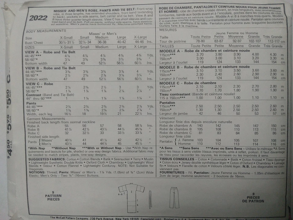 Robe Pants Belt Sleep Lounge Mens Ladies XL McCalls 2022 Sewing Pattern UC FF - Image 4 of 4