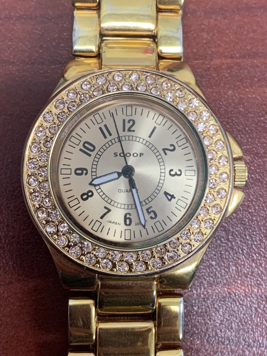 Scoop Rose Gold Tone Watch Double Row Pave Crystals Bold Link (QVC