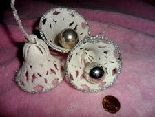 3 Large White Filigree Sugar Bells - Mica Covered