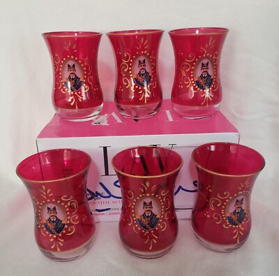 NIB (6) Vintage Turkish Tea Cranberry w/gold image of Sultan King Drinking Glass