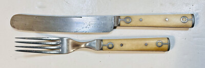 Vintage Late 1800's Landers, Frary & Clark Knife & Fork with Bone Pewter Handles