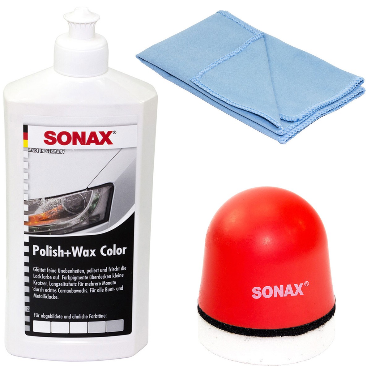 Set Lucidante Auto SONAX Polish+Wax Color Blu – 500ml + Spugna E Panno Microfibra