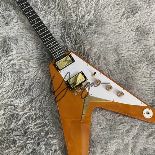 1958 Flying Yellow V Electric Guitar Gold Hardware HH Pickups White Pickguard