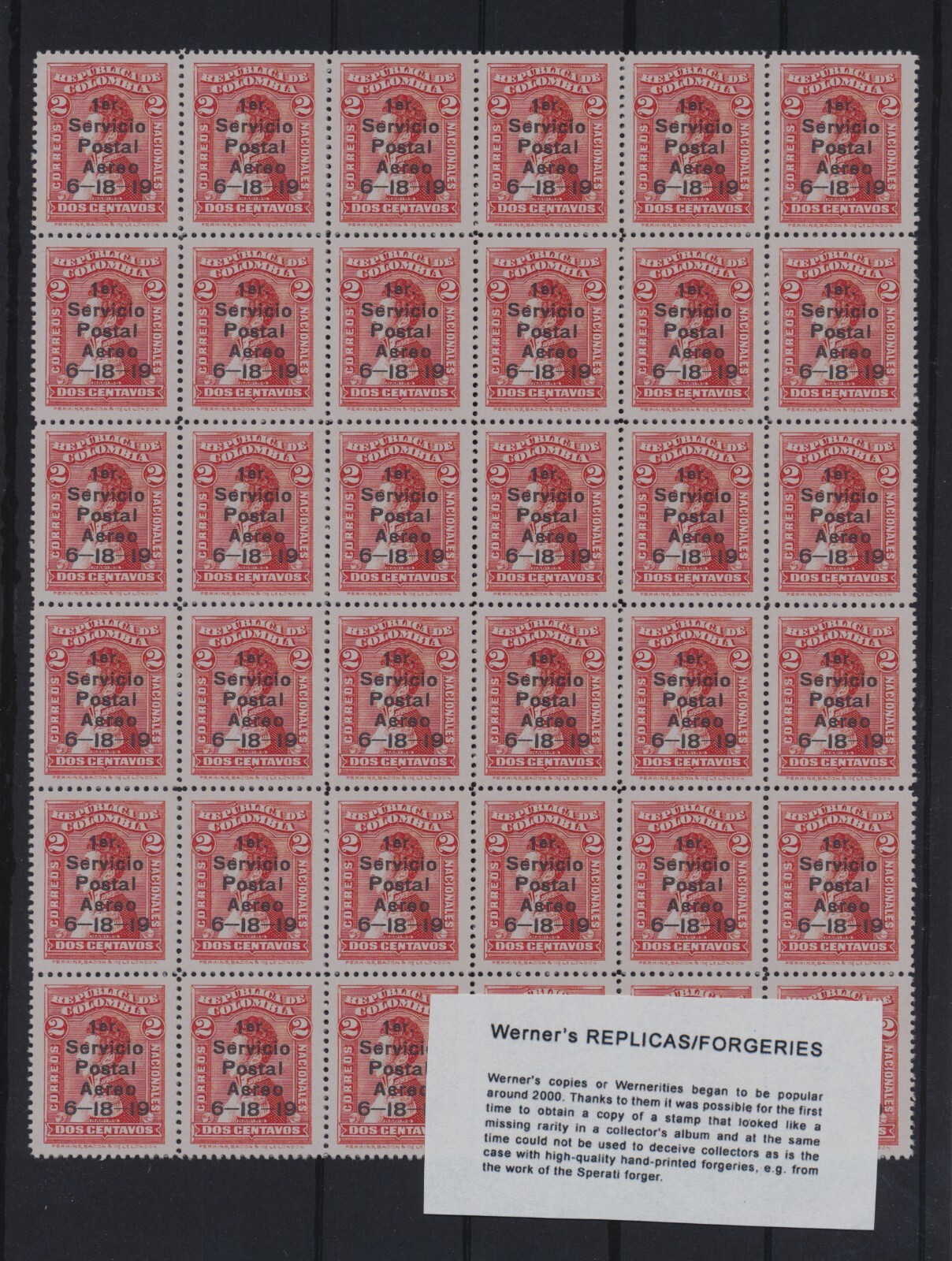 FORGERY - Sheet of Werner's FORGERY/REPLICA of COLOMBIA Air Post 1919 ovp