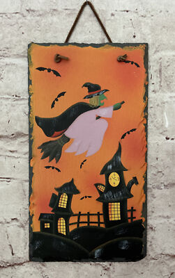 Halloween Witch Trick Or Treat Hand Painted Slate Shingle Wall Hanging Art
