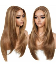 HD Lace Front Wig Human Hair Blend Highlights Straight Honey BROWN Blonde