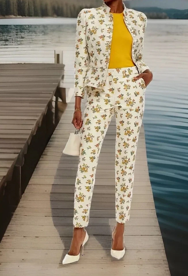 TRAJE PANTALÓN “RUNWAY” TORY BURCH ROSA FLORAL JACQUARD TALLA US 12 NUEVO CON ETIQUETAS $1050 ¡HERMOSO! Foto 4 de 4