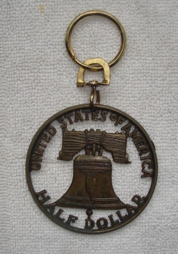 Vintage United States America Half Dollar keychain 3" metal cut out Liberty Bell