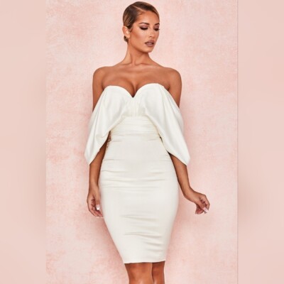 House of CB AISHA IVORY SATIN STRAPLESS DRESS Sz L NWT Sweetheart Neckline