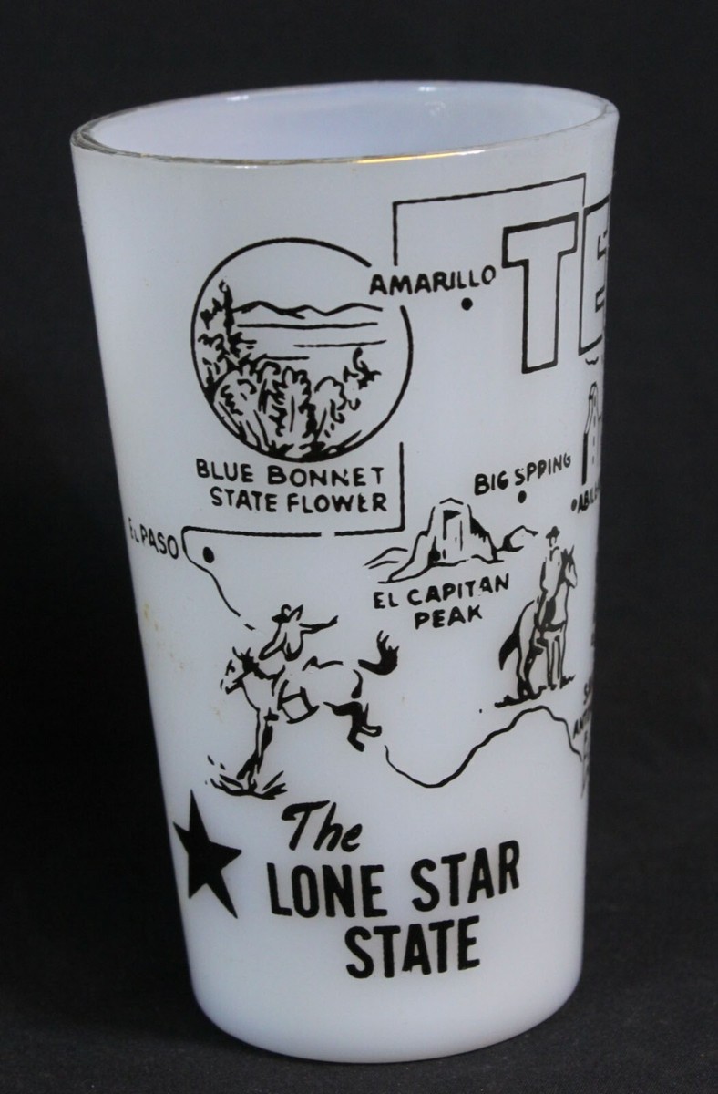 Vtg Texas Milk Glass Tumbler Drinking Lone Star State Map Landmarks MCM 5