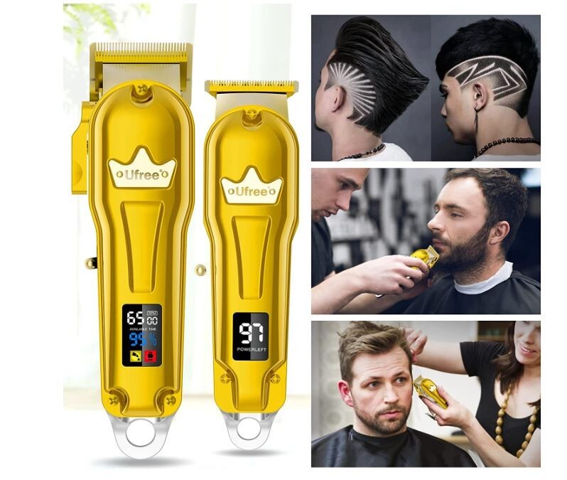 2pc Maquina PROFESIONAL De Cortar Cabello Cortador De Pelo Barbero Kit DORADO