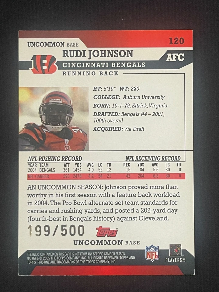 Rudi Johnson Bengals 2005 Topps Pristine Uncommon Base #120 324/500 - Image 2 of 2