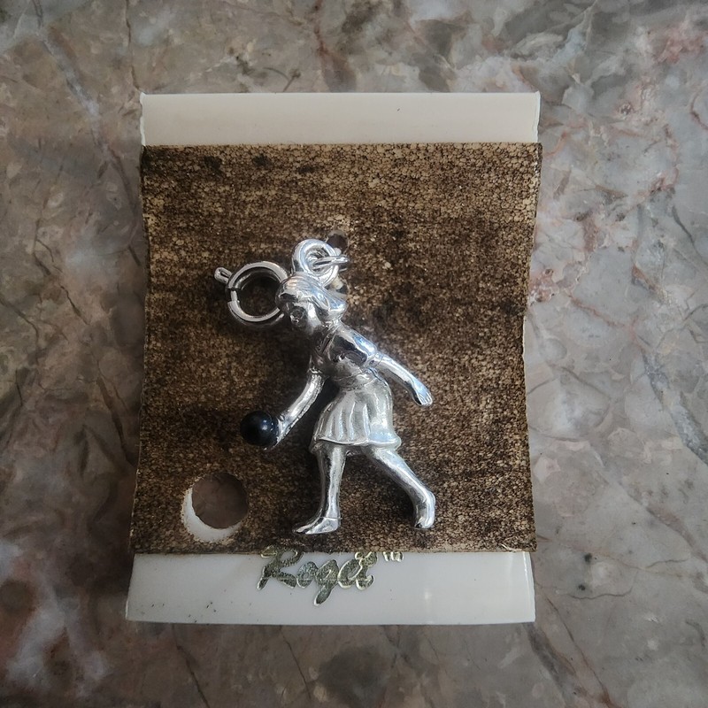Silver Tone Female Girl Bowling Charm Roget 1"High