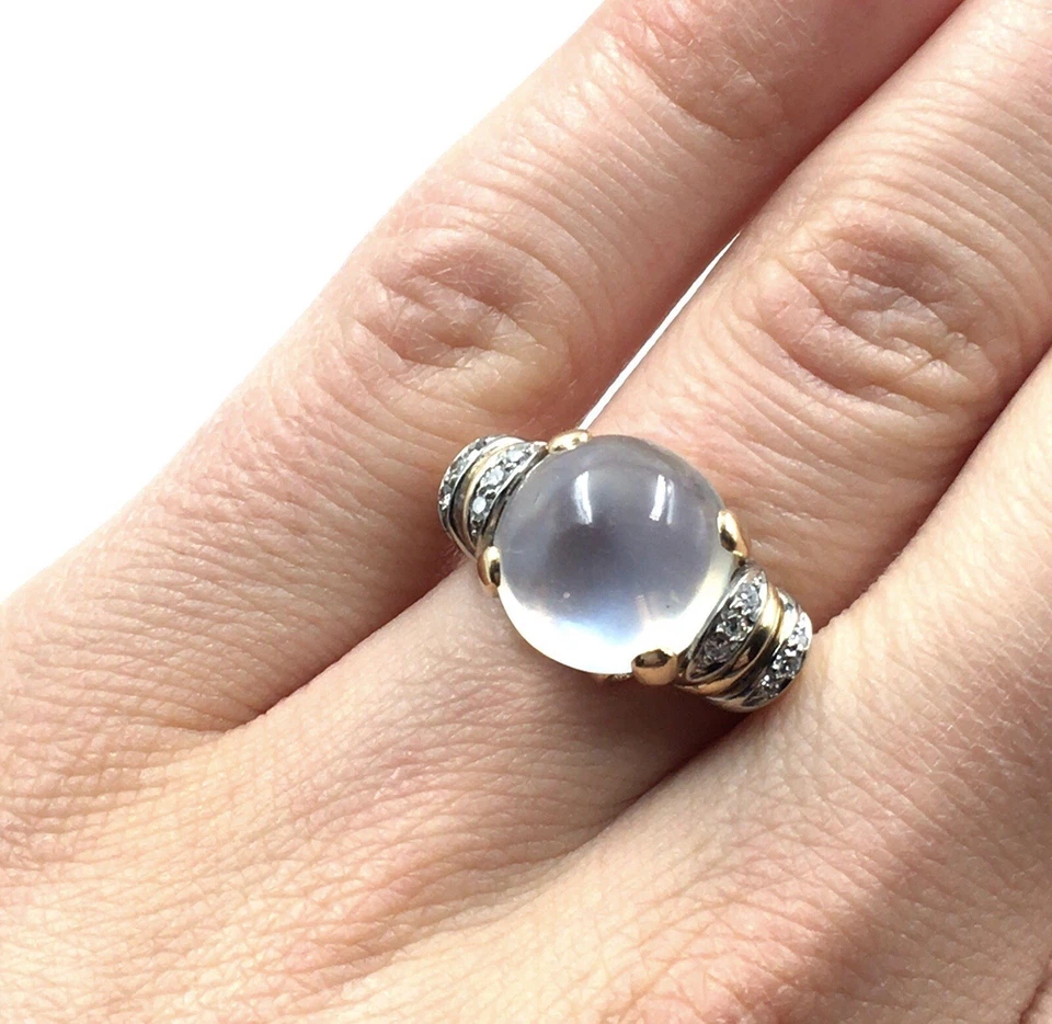 Anillo de oro de 14kt piedra lunar diamantes 585 oro amarillo mujer diseño... - Imagen 4 de 4