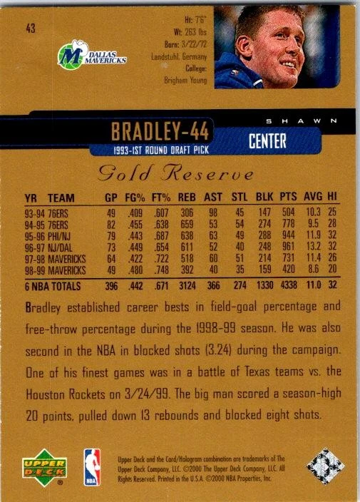 1999-00 Upper Deck Gold Reserve Shawn Bradley #43 Dallas Mavericks - Image 2 of 2