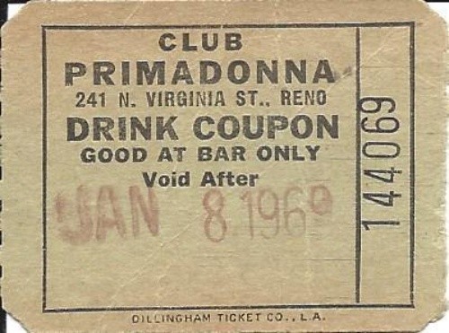 Club Primadonna - Reno, NV - Vintage Paper Drink Coupon/Ticket 1969