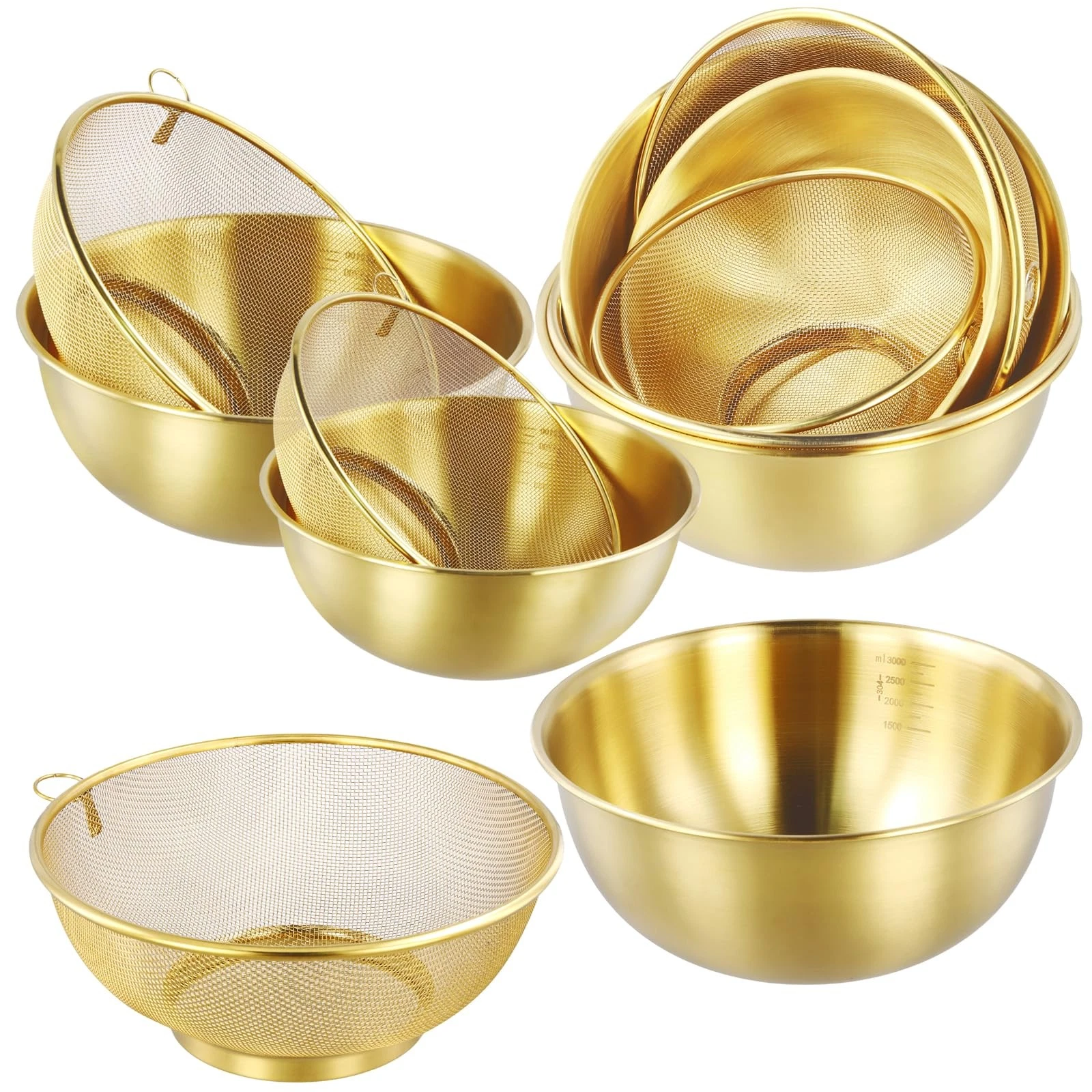 6 PCS Gold Stainless Steel Colander Set, 1.2Qt 2Qt and 3Qt Capacity Rice Wash...