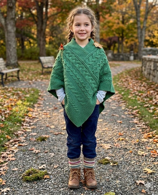 Aran Crafts 100% Merino Wool Green Cable Knit Girls Cape Sweater Poncho M