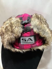 SA Company Buckled Trapper Hat Pink Black Plaid Faux Fur NWT