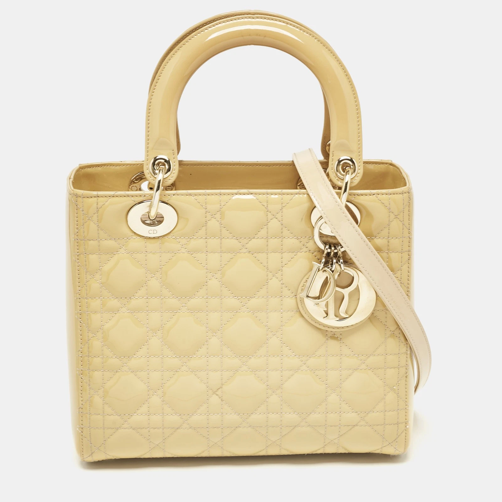 Sac fourre tout Dior crème cannage cuir verni moyen Lady Dior