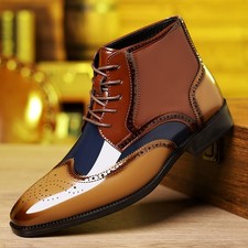 Men's Multicolor Wingtip Brogue Ankle Boots - Shiny Lace-Up Formal Dress Boots