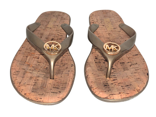 Michael Kors Jet Set Women's Cork Flip Flops Thong Sandals Gold Logo Sz 7M