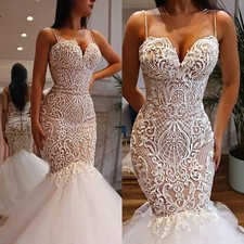 Mermaid Wedding Dress With Spaghetti Straps Beads 3D Lace Appliques Bridal Dress
