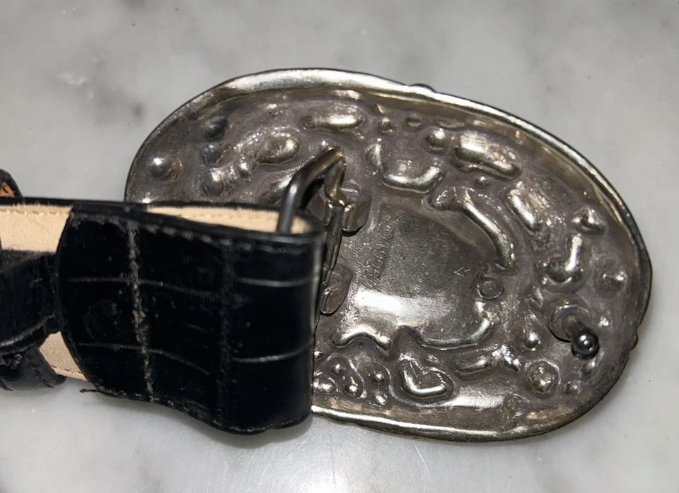 Cinturón Brighton 1994 tono plata medallón concho cuero querubín suroeste negro Foto 4 de 4