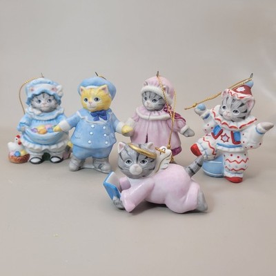 Lot of 5 Vtg Schmid Kitty Cucumber Christmas  3'' Ornaments Shackman 1985-86-88