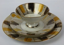 Vintage Bavarian Schirnding China Trio Tea Cup Saucer & Plate Brown Yellow Gold