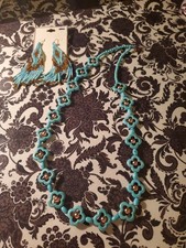 Turquoise Style Flower Necklace Beaded Fringe Earrings Boho Western Set