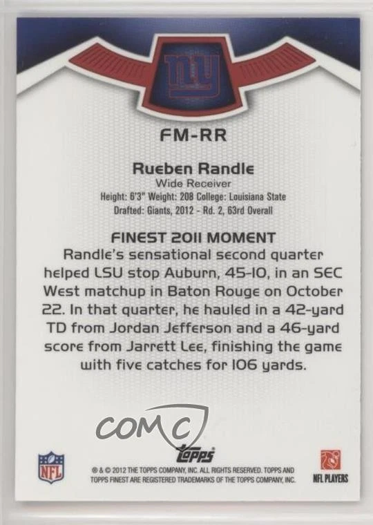 2012 Topps Finest Finest Moments Rueben Randle #FM-RR Rookie RC - Image 2 of 2