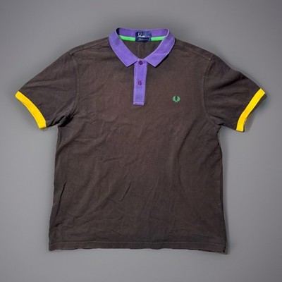 Fred Perry Polo Shirt L Black Purple Trim Laurel Wreath Logo 100% Cotton Casual