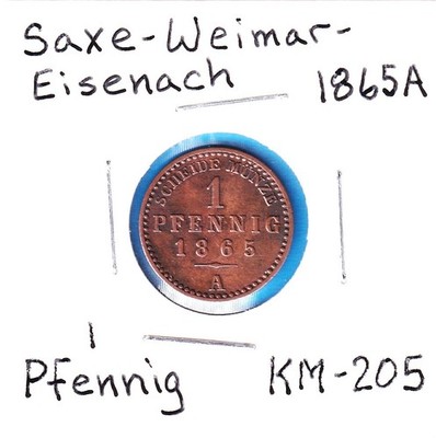 1865A Saxe-Weimar-Eisenach 1 Pfennig (KM-205) Copper [Karl Alexander]