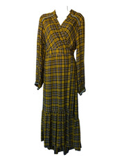 Anthropologie Plaid Maxi Dress Medium Yellow Brown Cottagecore Boho Tiered Hem