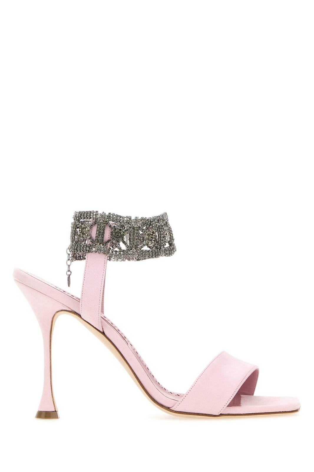 MANOLO BLAHNIK Lierasan Rhinestone Jewel Pink Suede 105mm Heel Sandsls New