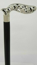 Vintage Silver Ornate Handle Black Wood Walking Stick Mens Derby Cane Gift