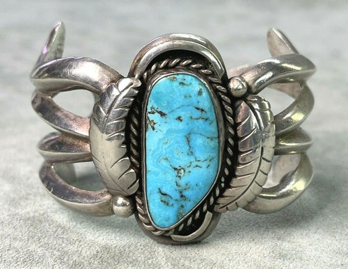 Classic Sandcast Tufa Cast Bracelet Turquoise & Sterling Silver 92.9 gram Navajo - Picture 2 of 9