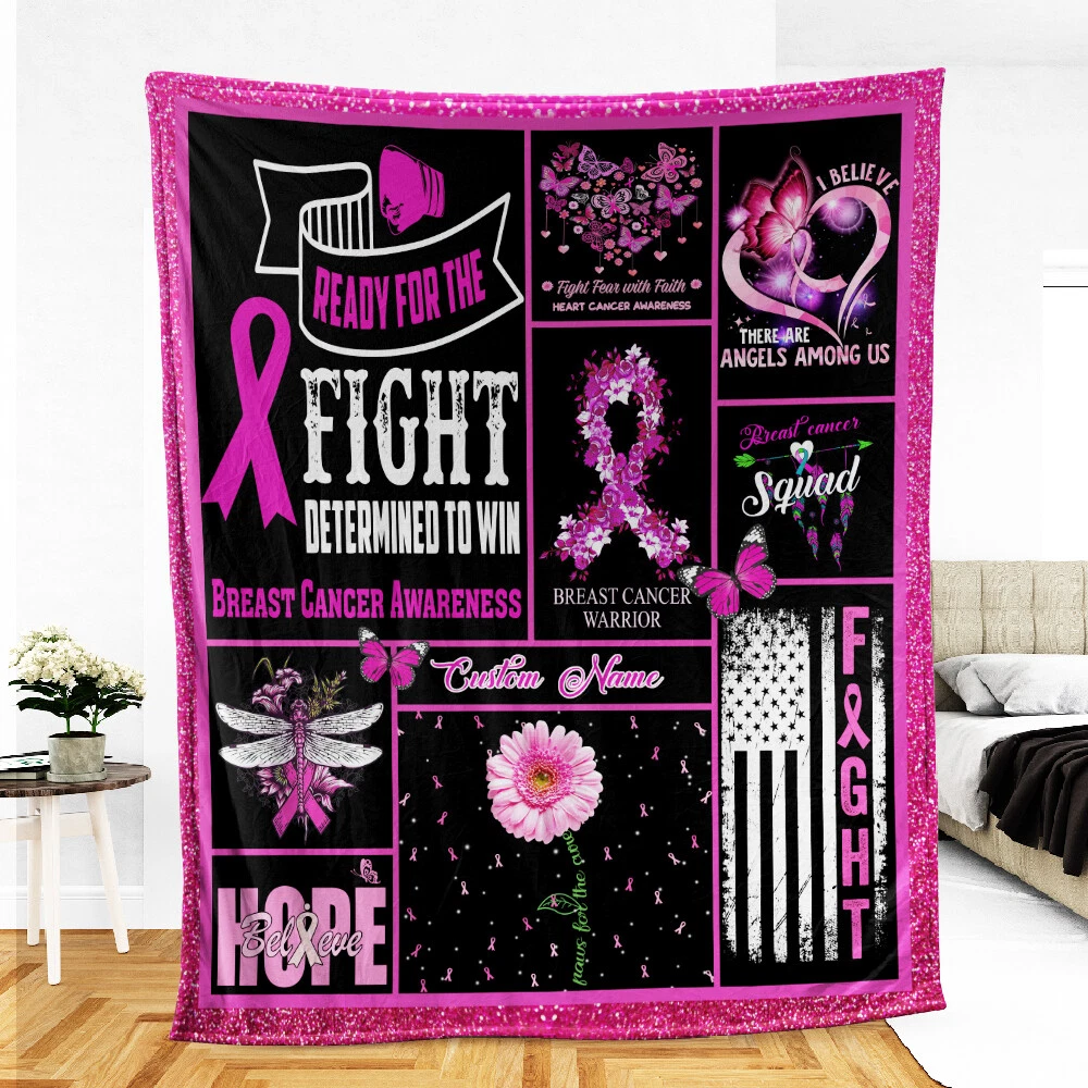 Personalized Breast Cancer Awareness Blanket, Custom Name Fleece, Sherpa